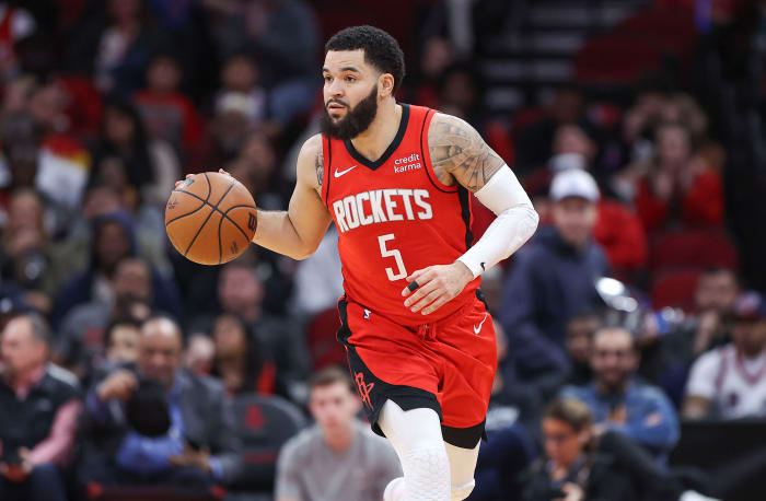 Rockets guard Fred VanVleet (5) controls the ball during the third quarter against the Detroit Pistons at Toyota Center.